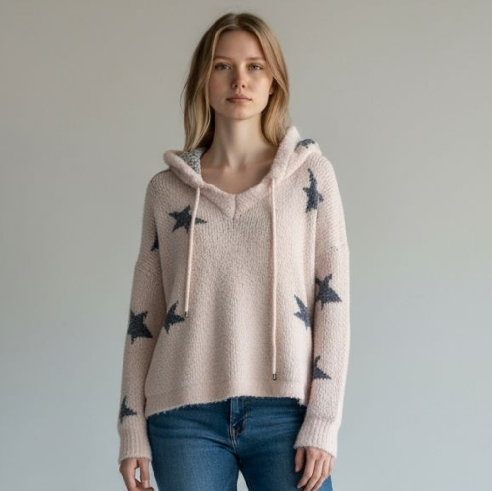 POL Hooded Sweater Comfy Cozy Light Blush Cream w/ Navy Stars medium